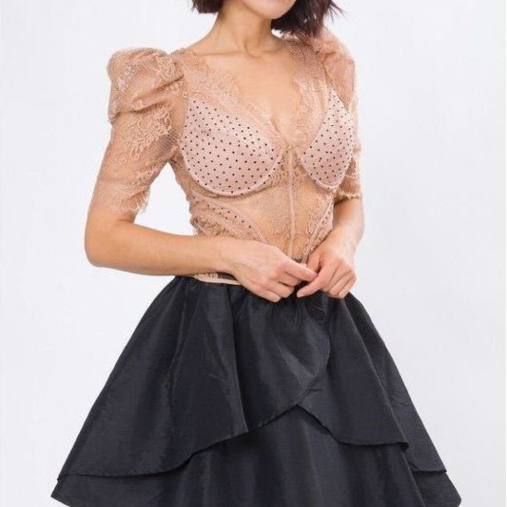 Lace Corset Balloon Sleeve Top - Mocha